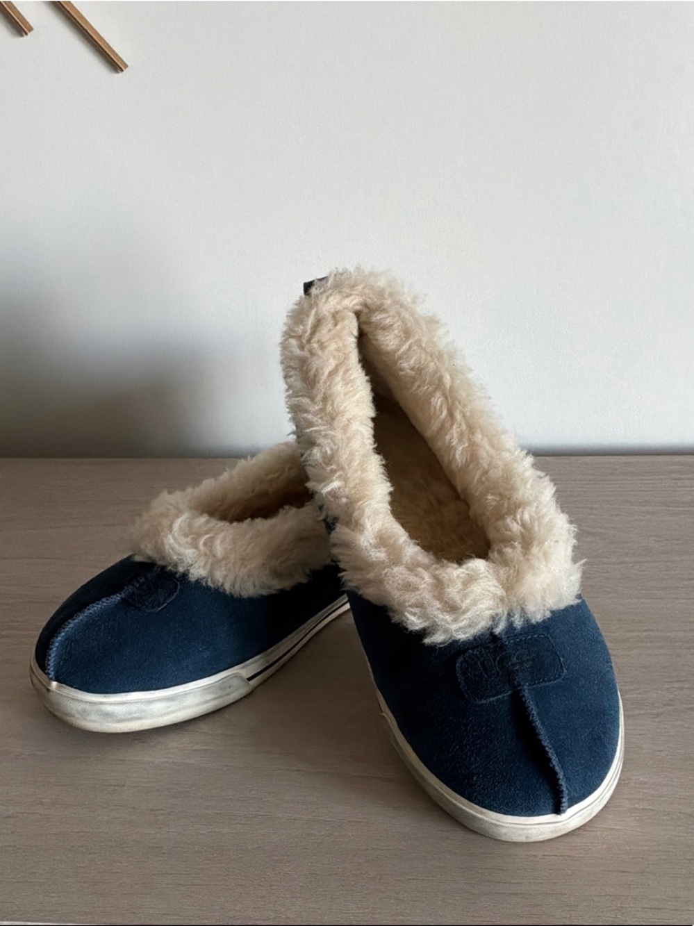 UGG Navy Suede Slip-On Slippers with Shearling Lining